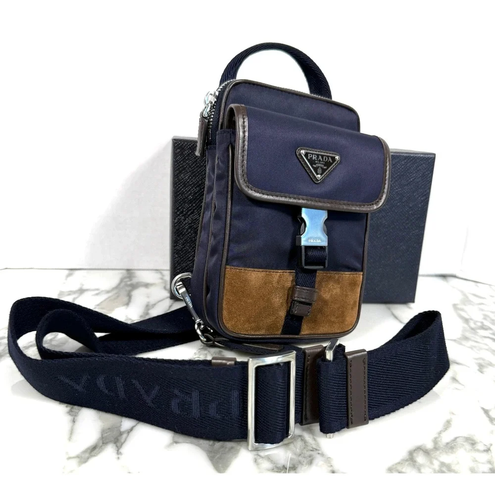 Prada Re-Nylon Leather Smartphone Case Shoulder Bag 2ZH194 Blu Caffe Navy Brown